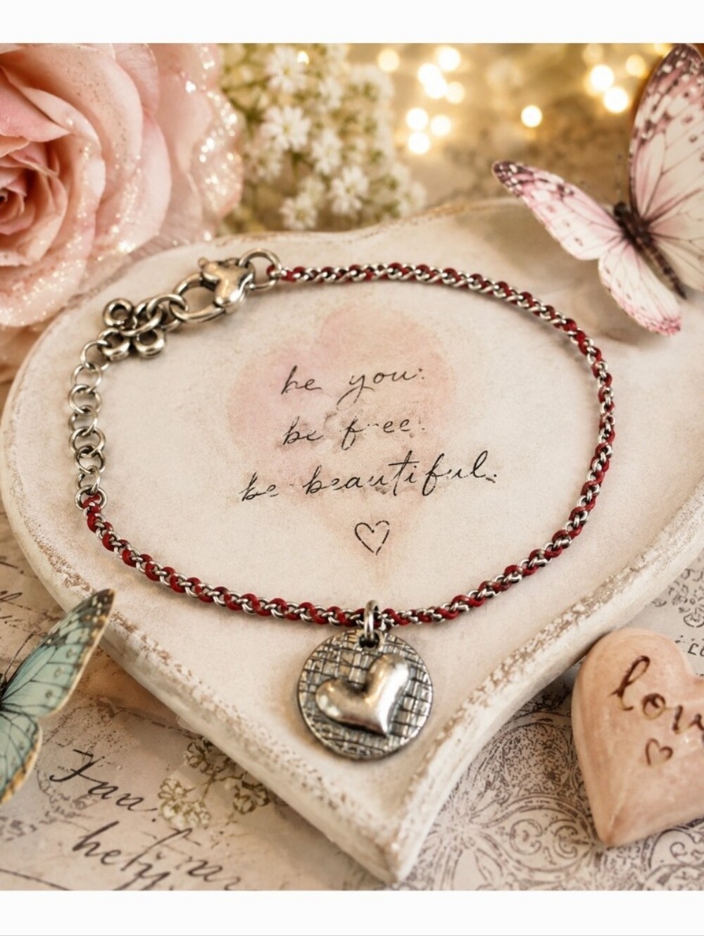 Brighton ABC Token Heart & Butterfly Red Woven Bracelet Retired
